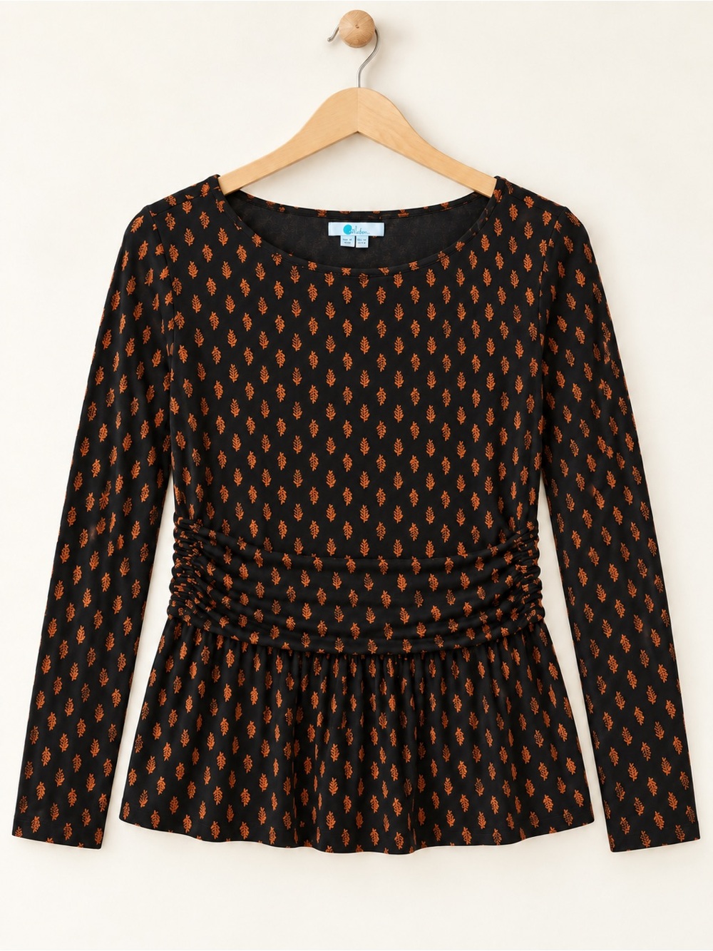 Boden Black Orange Leaf Print Long Sleeve Ruched Peplum Top Size US 16R